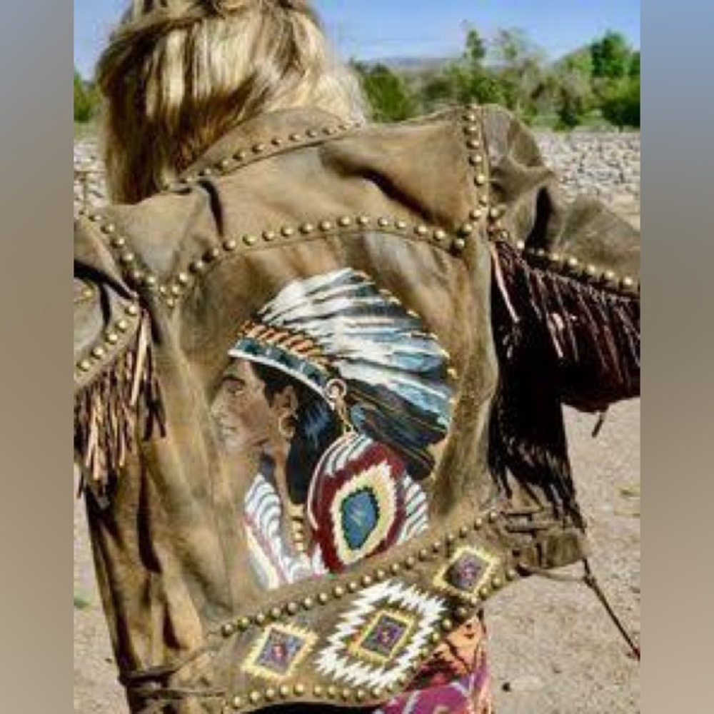 Double D Ranch fringe jacket studded embroidered induan chief design Rtl $1295
